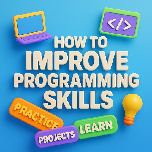 A colorful, 3D digital illustration with bold, embossed text reading "How to Improve Programming Skills" in all caps. The design features shiny 3D buttons labeled Practice, Projects, and Learn, with playful icons of a laptop, code window, and lightbulb, all set against a bright blue gradient background.