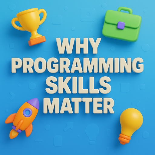A 3D plastic-style image featuring the bold phrase "WHY PROGRAMMING SKILLS MATTER" in glossy white uppercase text, surrounded by floating 3D icons—a trophy, briefcase, rocket, and lightbulb—against a vibrant blue gradient background.