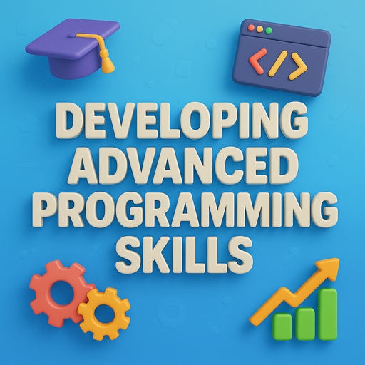 A 3D plastic-style image featuring the heading "DEVELOPING ADVANCED PROGRAMMING SKILLS" in bold, glossy white uppercase text. Floating 3D icons include a purple graduation cap, a code window, two interlocking gears, and an upward-trending arrow chart, all on a smooth blue gradient background.