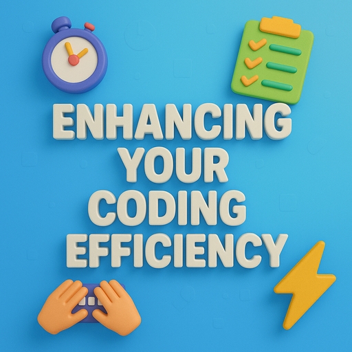 A 3D plastic-style image with the heading "ENHANCING YOUR CODING EFFICIENCY" in bold, glossy uppercase text. Floating 3D icons include a stopwatch, clipboard with checkmarks, hands typing on a keyboard, and a lightning bolt, all set against a smooth blue gradient background.