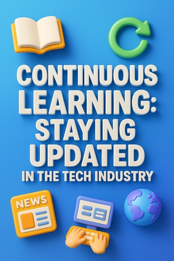 A 3D plastic-style image featuring the heading "CONTINUOUS LEARNING: STAYING UPDATED IN THE TECH INDUSTRY" in bold, embossed white uppercase text. The design is surrounded by 3D icons: an open book, a green refresh arrow, a globe, a news symbol, and hands on a keyboard, all set on a smooth blue gradient background.