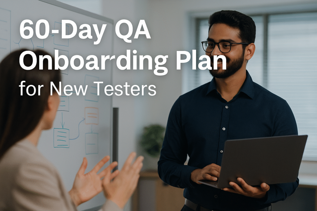 A young QA engineer reviews a testing workflow on a digital whiteboard with a colleague during a structured onboarding session in a modern office setting.