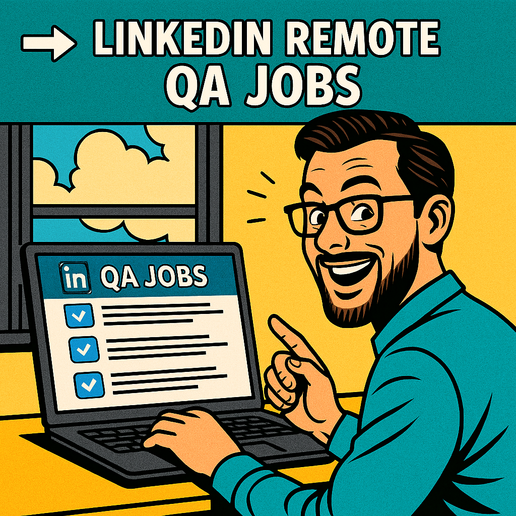 A colorful comic-style illustration showing a QA engineer sitting at a desk, excitedly exploring job listings on a laptop, with the heading “LinkedIn Remote QA Jobs” at the top.