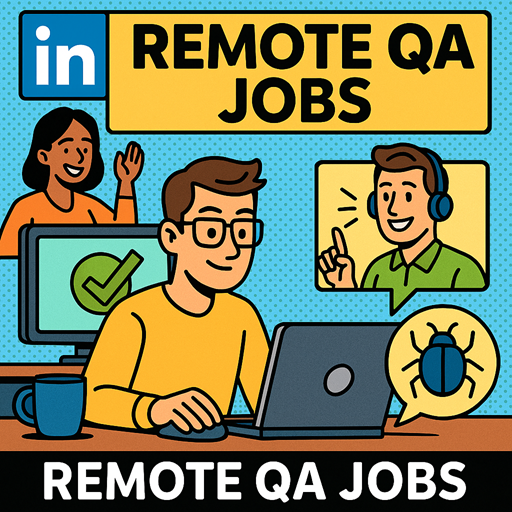 A comic-style image featuring a LinkedIn logo alongside a QA engineer reviewing remote job listings on a laptop screen, under the bold heading “LinkedIn Remote QA Jobs.”