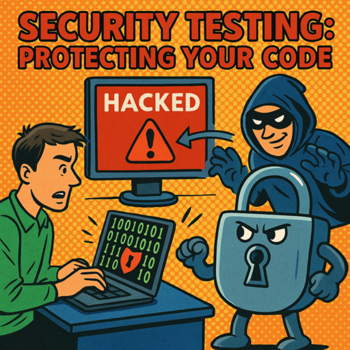 Comic-style illustration shows a QA tester with a shield blocking a bug icon while securing lines of code, symbolizing proactive security testing practices. Security Testing Protecting Your Code