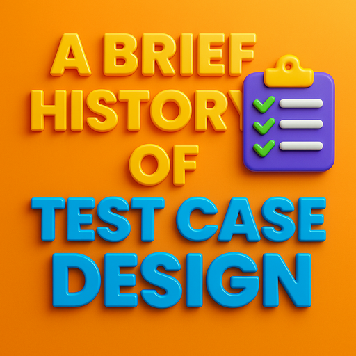 3D header text “A BRIEF HISTORY OF TEST CASE DESIGN” with floating icons of scrolls, clocks, and a test plan document