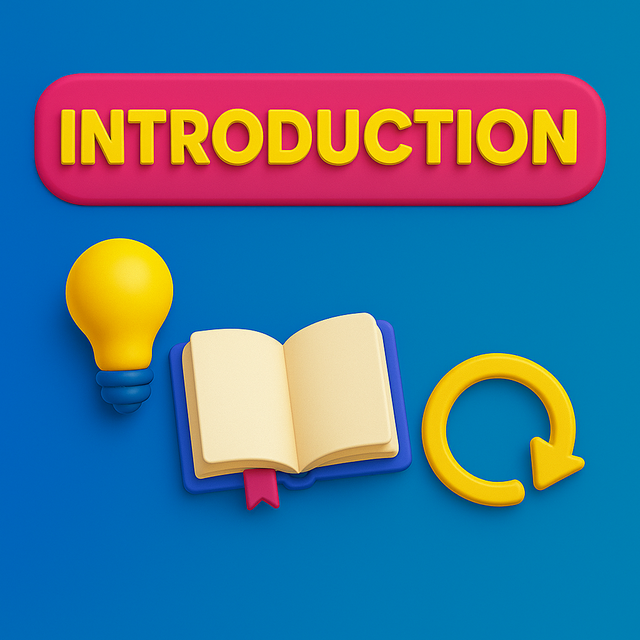 3D-style text “INTRODUCTION” above a book, lightbulb, and circular arrow on blue background