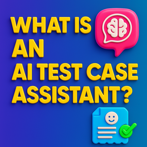 3D graphic with bold title “What is an AI Test Case Assistant?” surrounded by icons like a robot, gear, and checklist