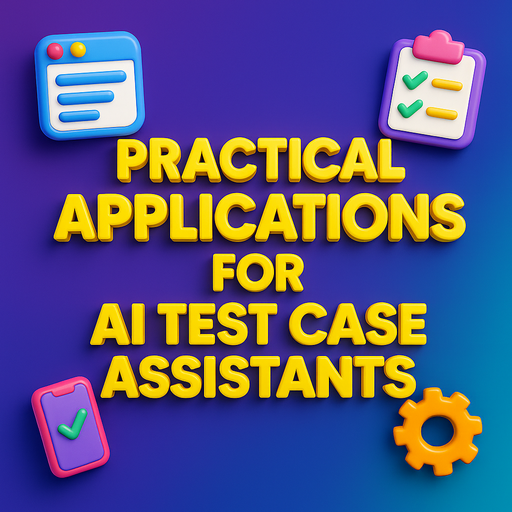 3D title “Practical Applications for AI Test Case Assistants” with floating icons of a browser, mobile app, gear, and checklists