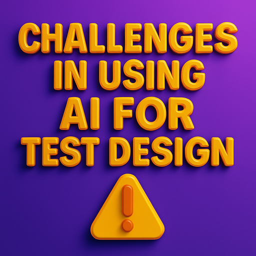 3D banner reading “Challenges in Using AI for Test Design” with icons of warning signs, question marks, and AI gears