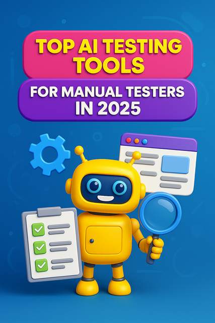 Yellow robot with checklist and browser windows under bold heading “Top AI Testing Tools for Manual Testers in 2025”