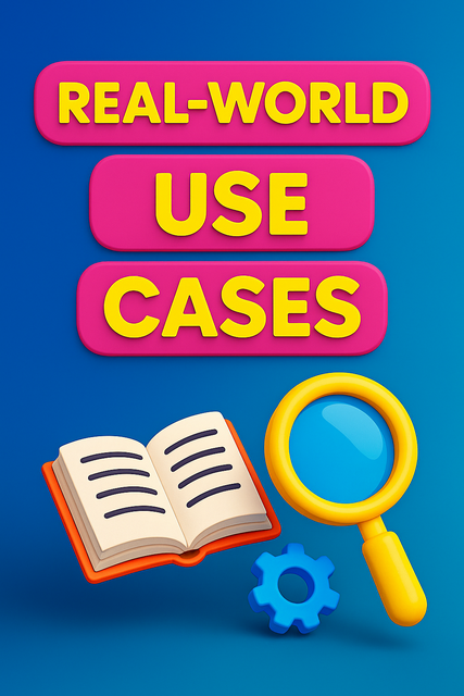 Bold 3D text “Real-World Use Cases” above a magnifying glass, book, and gear on a blue background