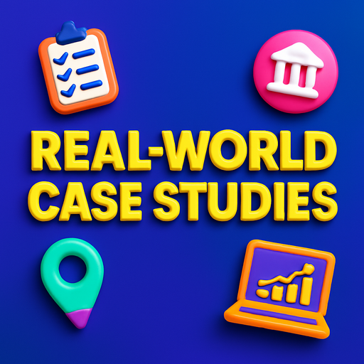 3D-style text “REAL-WORLD CASE STUDIES” with floating folders, magnifying glass, charts, and success icons