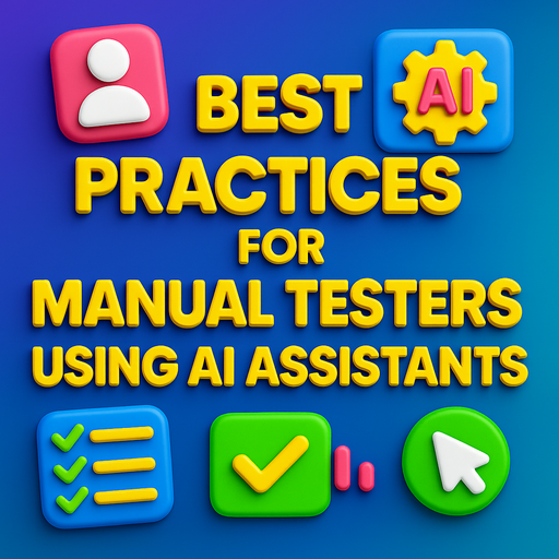 3D-style title “Best Practices for Manual Testers Using AI Assistants” with floating icons like a checklist, settings gear, lightbulb, and prompt card