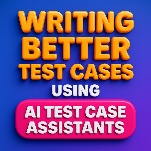 3D-style header with bold yellow title “WRITING BETTER TEST CASES USING AI TEST CASE ASSISTANTS” over vibrant gradient background