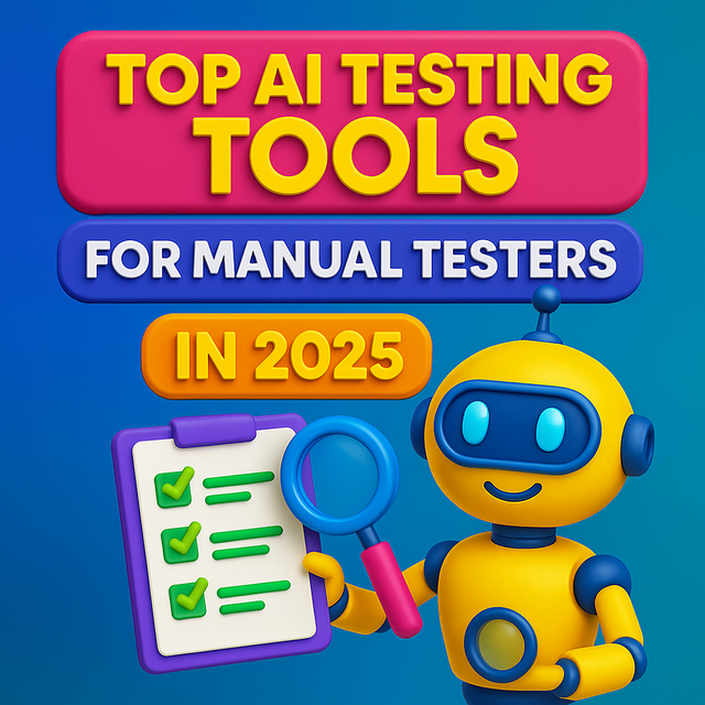 3D yellow robot holding a checklist and a magnifier under bold text “Top AI Testing Tools for Manual Testers in 2025”