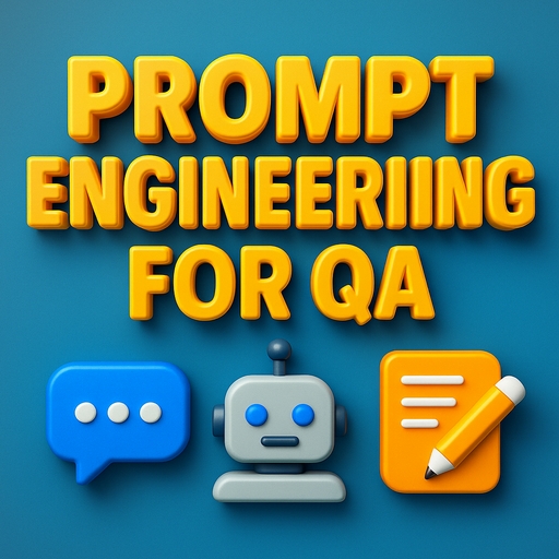 A 3D-rendered digital graphic design image with the title "Prompt Engineer for QA" in bold, raised lettering at the top, featuring colorful robot and AI icons below the text. The design uses a professional, blue-themed background with a clean, modern aesthetic and floating UI elements to symbolize automation and testing.