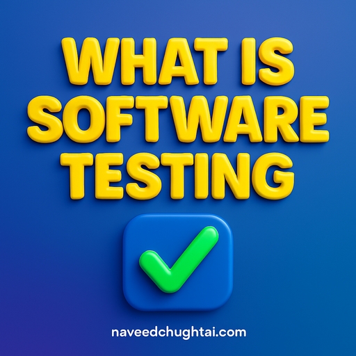 A 3D-rendered digital graphic design with the title “WHAT IS SOFTWARE TESTING” in bold, embossed uppercase fonts, featuring vibrant colors, smooth gradients, and shiny 3D buttons, watermarked with “naveedchughtai.com.