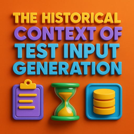 A 3D-rendered digital illustration features a bold title, "The Historical Context of Test Input Generation" at the top, with layered retro-themed UI elements and floating test case icons. The design uses a deep blue background, shiny orange interface elements, and floating text inputs to symbolize old-school manual QA workflows.