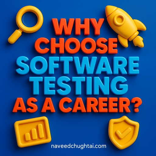 A 3D-rendered digital graphic design poses the question “Why Choose Software Testing as a Career?” using bold, shiny letters with a futuristic tech background, watermark naveedchughtai.com.