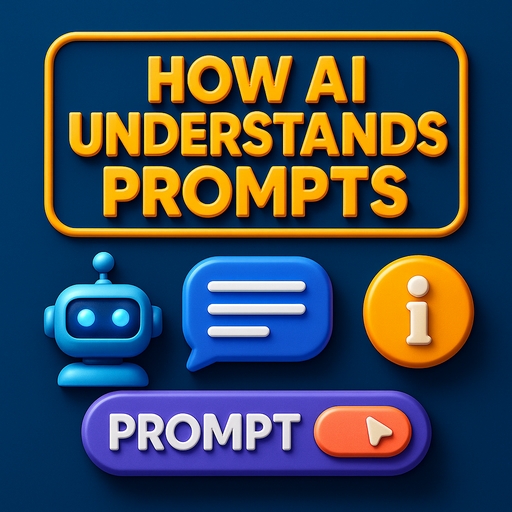 A 3D-rendered digital illustration features the title "How AI Understands Prompts" in bold, embossed typography at the top, set against a futuristic gradient background. Below the title are icons representing chat bubbles, neural networks, and test case documents arranged in a floating layout with shadows.