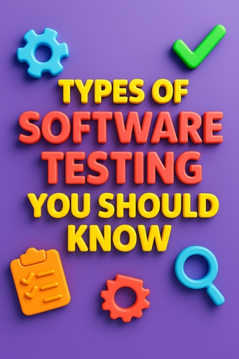 A 3D-rendered digital graphic titled "Types of Software Testing You Should Know" with bold, shiny, extruded text in bright colors and non-matching icons representing technology and quality assurance.