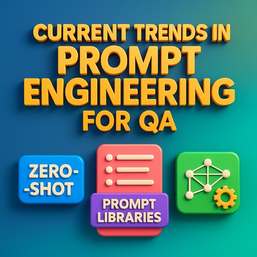 • Alternative Text: A 3D-rendered graphic with the title "Current Trends in Prompt Engineering for QA" in bold orange text, featuring icons for Zero-Shot, Prompt Libraries, and AI networks.