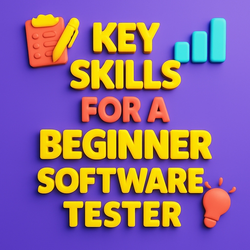 3D digital graphic design showcasing the title "Key Skills for a Beginner Software Tester" in bold embossed lettering, surrounded by skill-themed icons on a vibrant background.