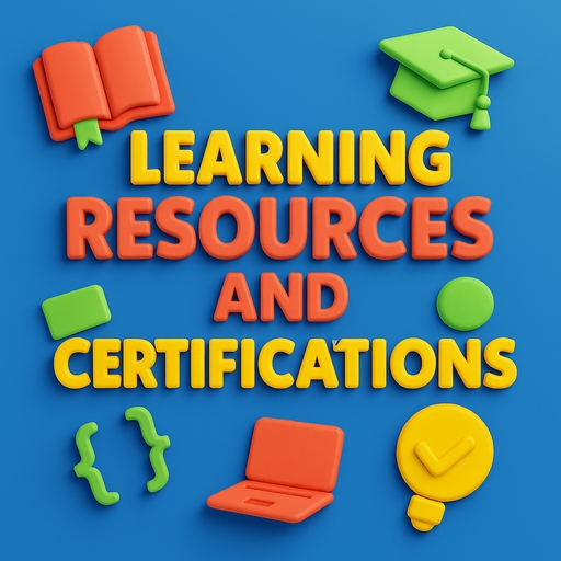 A colorful 3D-style graphic with the title “LEARNING RESOURCES AND CERTIFICATIONS” and matching icons including a book, graduation cap, laptop, and checkmark.
