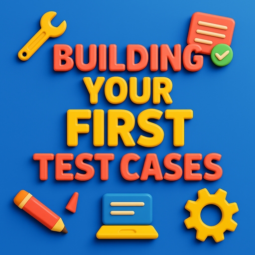 A 3D-rendered digital image featuring the bold, uppercase title "Building Your First Test Cases" in shiny, plastic-style typography with layered floating icons like a checklist, clipboard, and magnifying glass over a colorful background.