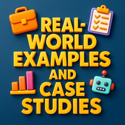 A 3D-rendered digital illustration featuring bold, raised text "REAL-WORLD EXAMPLES AND CASE STUDIES" in a vibrant, high-gloss plastic style with icons representing reports, AI bots, and charts beneath the title.
