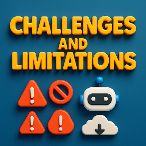A 3D digital illustration featuring the bold title "Challenges and Limitations" with dramatic lighting and layered elements representing obstacles in QA and AI.