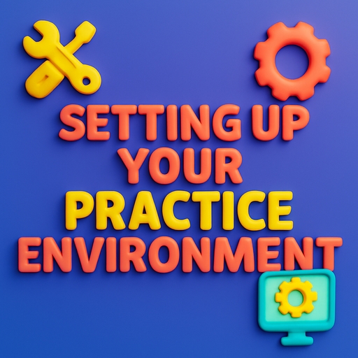 A 3D-rendered digital graphic with bold, colorful text reading "SETTING UP YOUR PRACTICE ENVIRONMENT," accompanied by floating icons of a monitor, settings gear, and workspace elements.