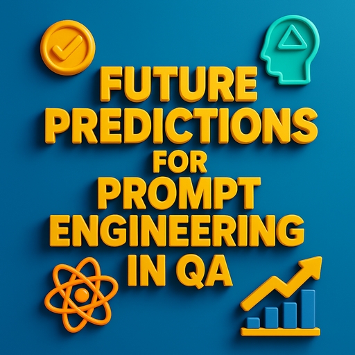 A 3D-rendered digital illustration features the bold title “Future Predictions for Prompt Engineering in QA” with futuristic robot icons, gradient layers, and floating elements representing innovation and AI advancement.
