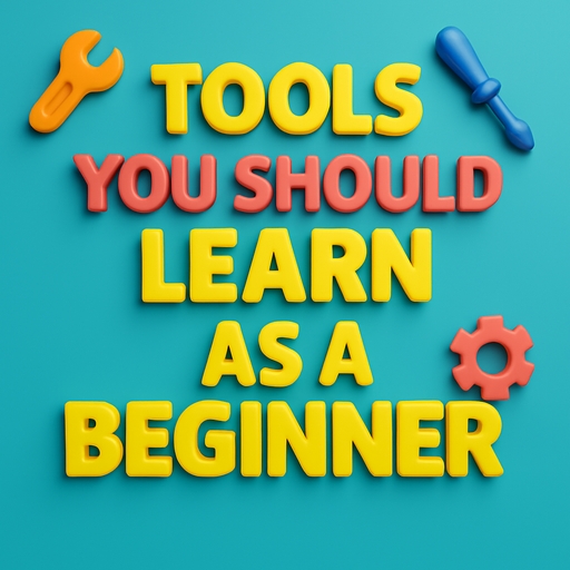 3D graphic image with the title "Tools You Should Learn as a Beginner" in bold, embossed yellow and coral text, surrounded by playful floating icons representing common software tools