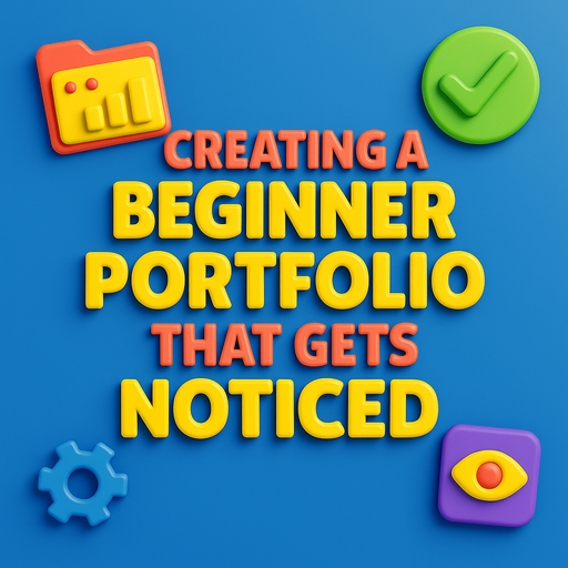 3D-style digital graphic featuring the bold title "Creating a Beginner Portfolio That Gets Noticed" with colorful floating icons representing documents, folders, and charts.