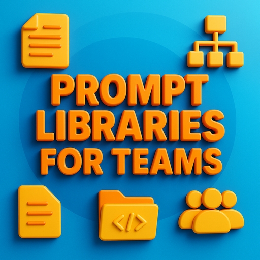 A 3D digital illustration features bold, orange, rounded text that reads "Prompt Libraries for Teams" floating above colorful layered icons representing folders, code snippets, and teamwork, symbolizing organized AI prompt repositories.