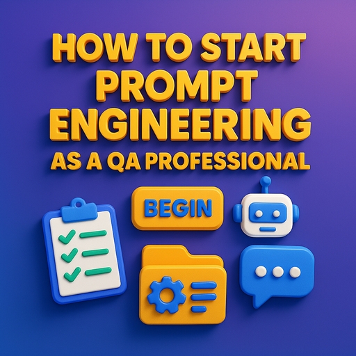 A 3D-rendered digital illustration titled "How to Start Prompt Engineering as a QA Professional" featuring bold, extruded uppercase text in a clean, modern layout with layered UI elements symbolizing QA tools and prompt input fields. The image uses a professional blue and orange color scheme with floating icons like checklists, code brackets, and keyboards.