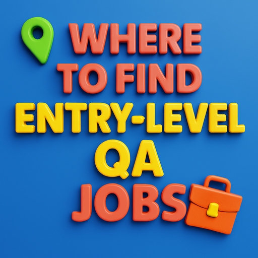 A 3D-rendered digital graphic features the bold, uppercase text "Where to Find Entry-Level QA Jobs" in a vibrant color palette. The image includes icons of a magnifying glass, a map pin, and a briefcase, representing job search and QA careers.