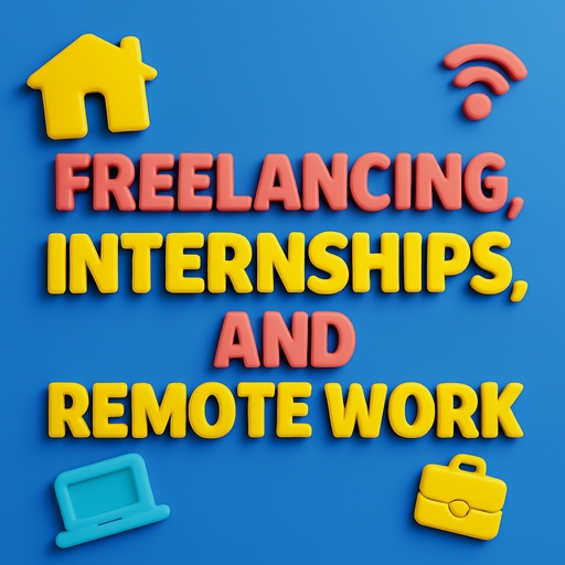 A 3D digital illustration featuring the title "FREELANCING, INTERNSHIPS, AND REMOTE WORK" in bold plastic-style text with matching icons including a house, Wi-Fi symbol, laptop, and briefcase on a blue background.