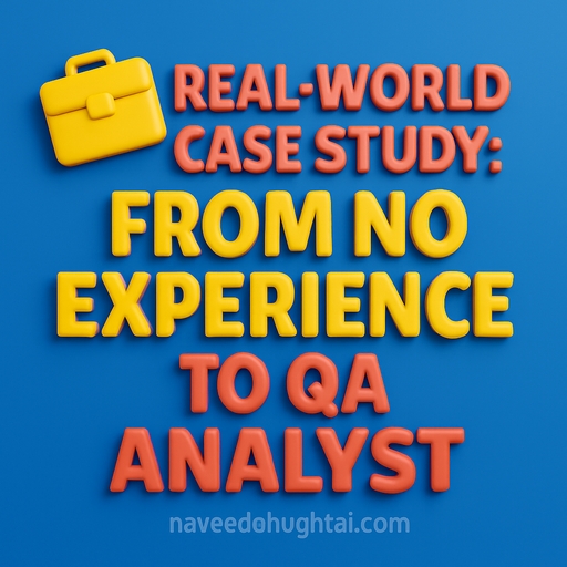 A 3D digital illustration with bold, rounded text reading "REAL-WORLD CASE STUDY: FROM NO EXPERIENCE TO QA ANALYST" in coral red and bright yellow. A yellow briefcase icon appears in the top left corner on a deep blue background.