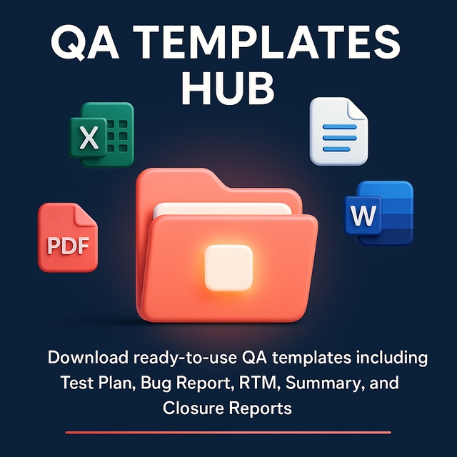 Free QA Templates Hub illustration with Word, Excel, and Docs icons in 3D plastic style
