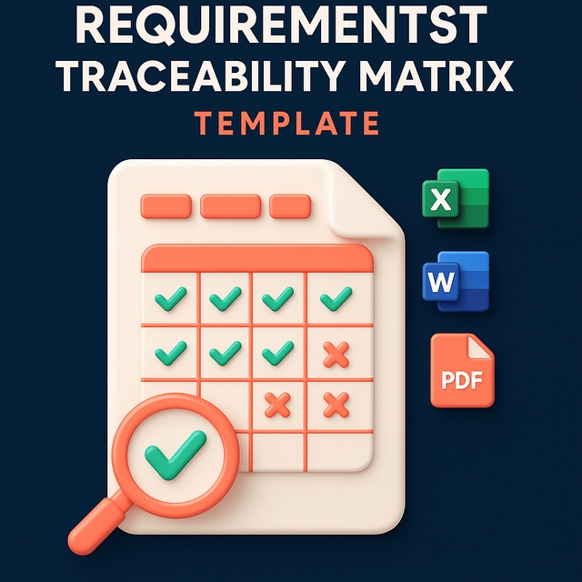 3D plastic-style featured image of a Requirements Traceability Matrix (RTM) Template with Excel, Word, and PDF icons.