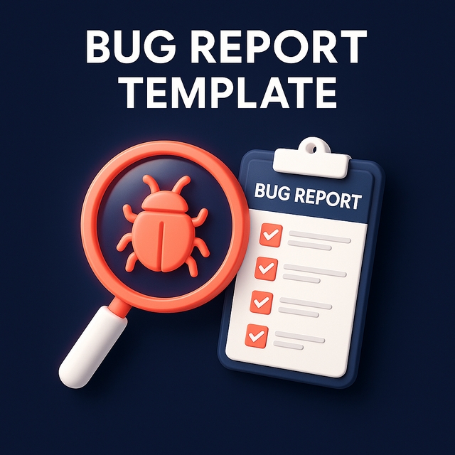 3D plastic-style illustration of a bug inside a magnifying glass with a QA bug report checklist on a navy background.