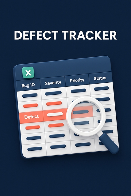 3D plastic-style illustration of a defect tracker spreadsheet with a magnifying glass highlighting a defect row.