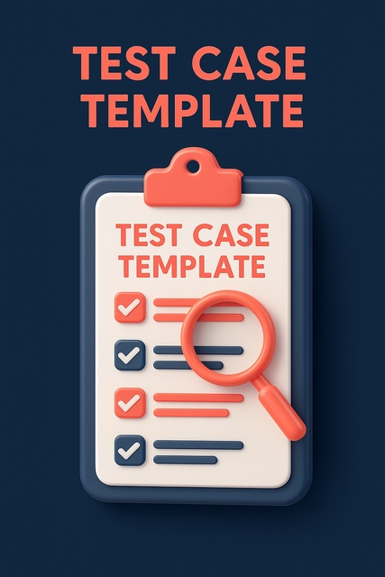 3D plastic-style illustration of a test case checklist with checkmarks on a clipboard, QA-branded colors.