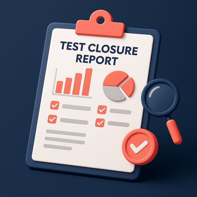 3D plastic-style Test Closure Report document with QA charts.
