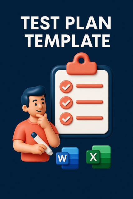 3D plastic-style featured image of a Test Plan Template with checklist, calendar, Word, Excel, Google Docs icons.