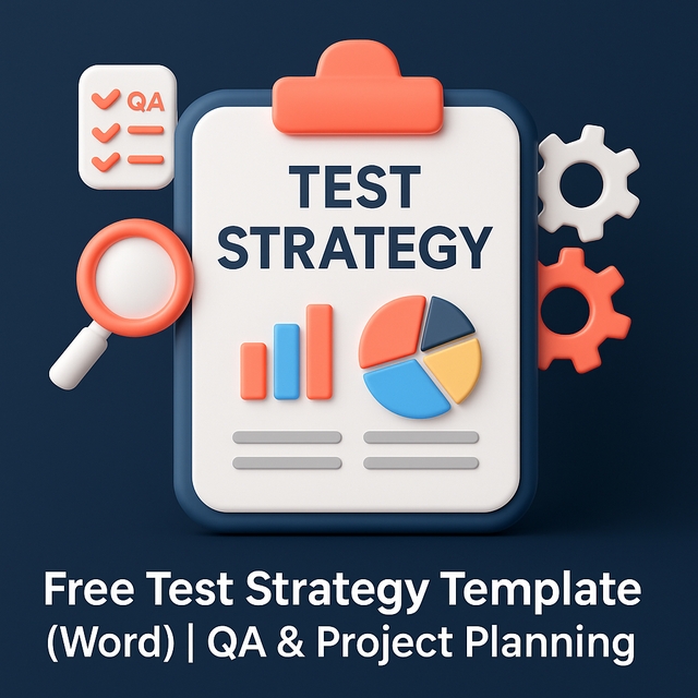 3D plastic-style illustration of a Test Strategy document with QA icons.