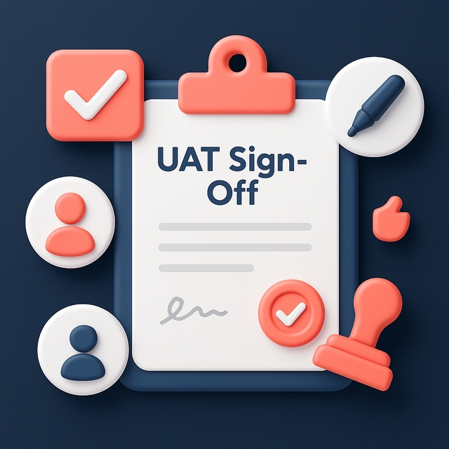 3D plastic-style illustration of a UAT Sign-Off document with QA approval icons.